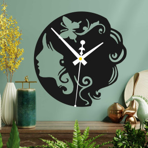 Wooden clock - a lady with a butterfly in her hair, both...