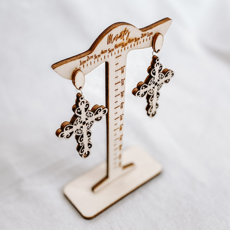 Drevené prírodné visiace náušnice CROSS -...