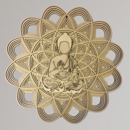 3D vyrezávaná drevená mandala s postavou Budhu v meditačnej pozícii.