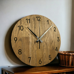 Wooden clock on the wall with oak wood - Number dial I...