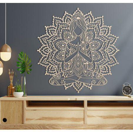 Drevená 3D mandala joga žena na stenu – dizajnová dekorácia do obývačky pre moderný a harmonický interiér.