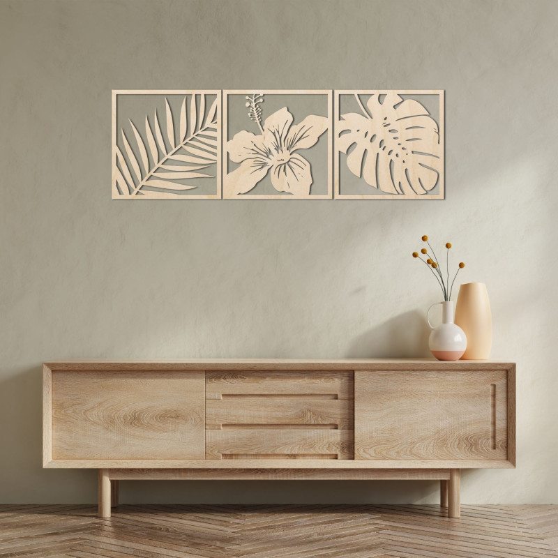 Obraz list monstery, kvet ibištek, palmový list...