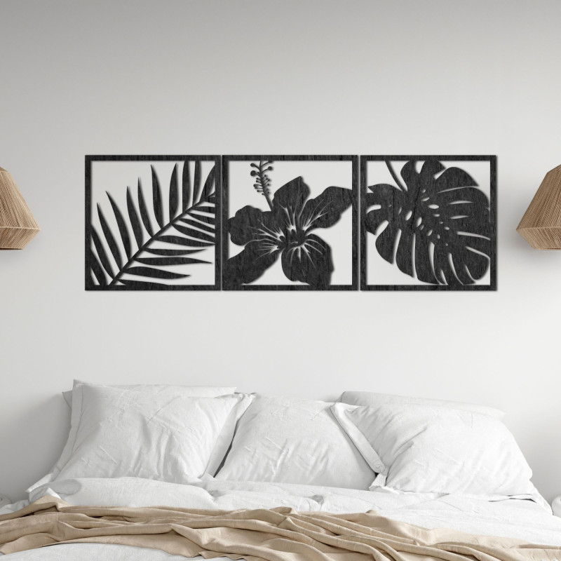 Obraz list monstery, kvet ibištek, palmový list...