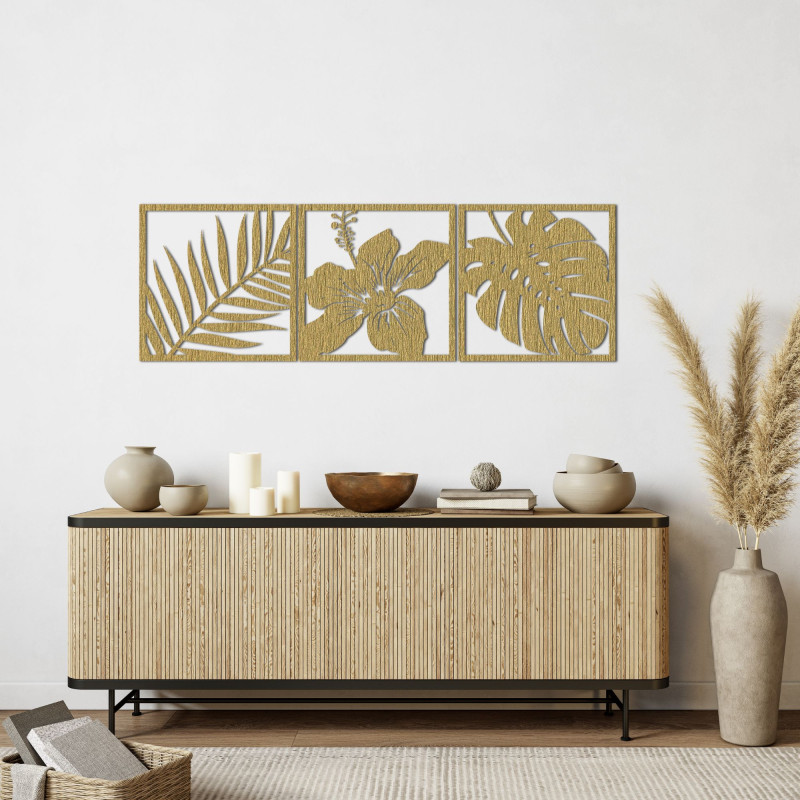 Obraz list monstery, kvet ibištek, palmový list...