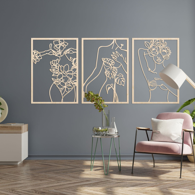 Moderný obraz žien s kvetmi trojdielny set –...