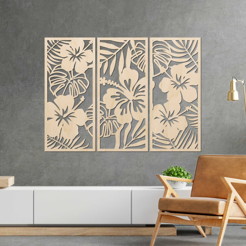 3-dielny drevený obraz Kvet Ibištek - DROBERE