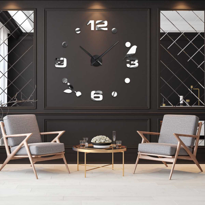 Moderné 3D hodiny s vtáčikom, výraznými číslami a dekoratívnym listom.