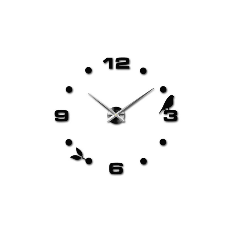 Moderné hodiny s veľkými číslami, vtáčím motívom a minimalistickými bodmi.