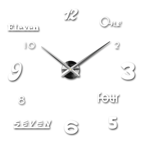 Dizajnové hodiny na stenu s kombináciou čísel a slov v kreatívnom usporiadaní.