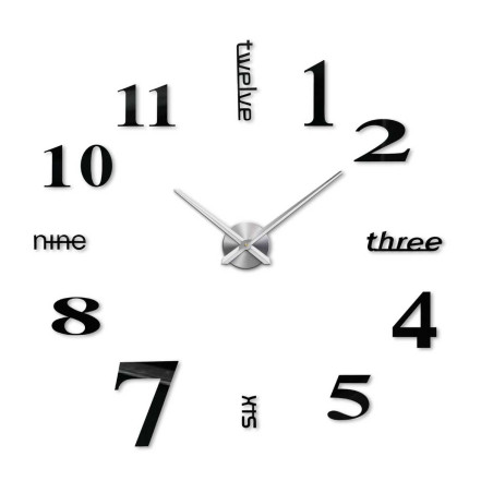 Nalepovacie hodiny s výraznými ručičkami a netradičnou typografiou čísiel.