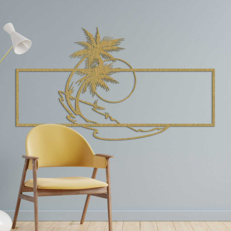 Tropická scéna s dvomi palmami a jemnými líniami oceánu.