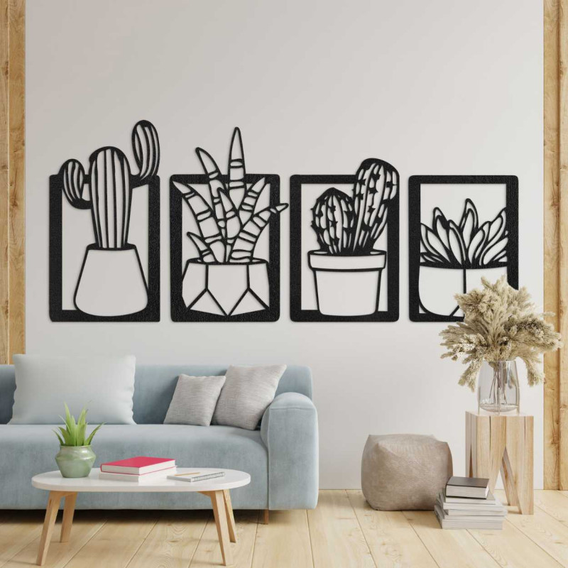 Dizajnový drevený set obrazov s kaktusmi v geometrických kvetináčoch