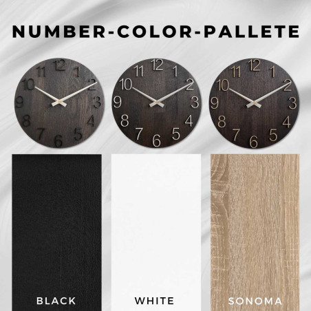 Moderné drevené hodiny s jednoduchým ciferníkom a kovovými ručičkami.