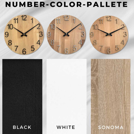 Kruhové hodiny s dekoratívnym výrezom v stredovej časti a jemnou kresbou dreva.