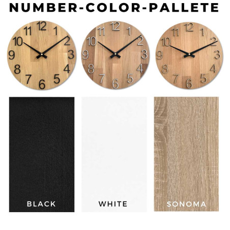 Kruhové hodiny s dekoratívnym výrezom v stredovej časti a jemnou kresbou dreva.