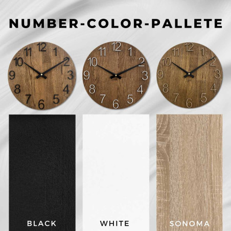 Kruhové hodiny s dekoratívnym výrezom v stredovej časti a jemnou kresbou dreva.