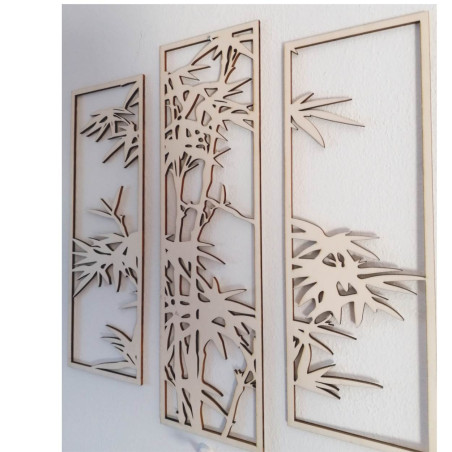 Čierny trojdielny kovový obraz s bambusom – štýlový doplnok do obývačky alebo kancelárie