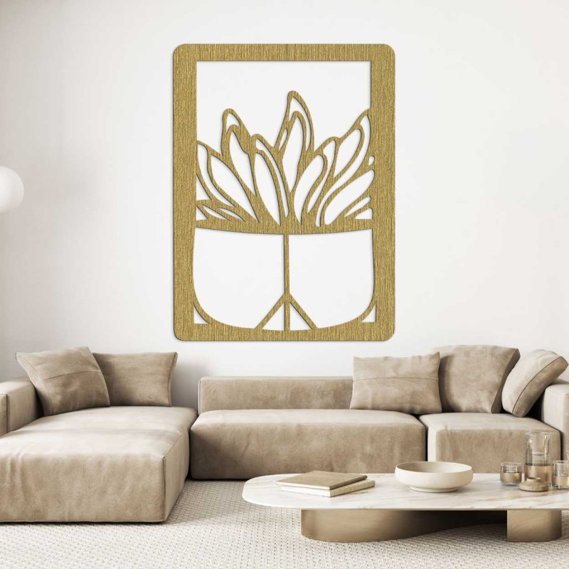 Minimalistická drevená dekorácia na stenu s rastlinným motívom v elegantnom ráme.