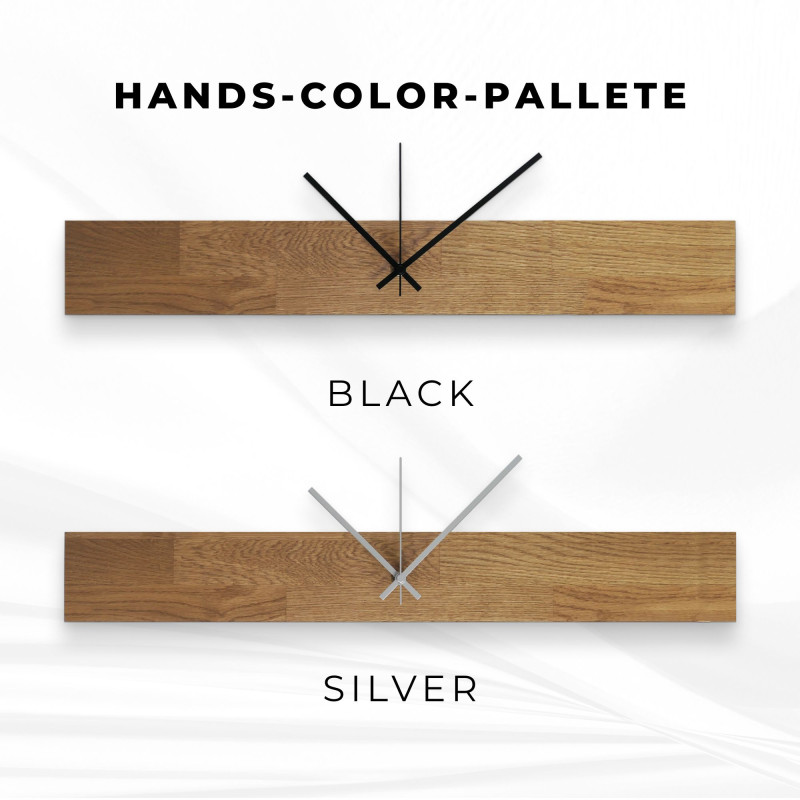 Drevené hodiny s horizontálnym dreveným prvkom a čiernymi arabskými číslicami, vhodné do obývačky.