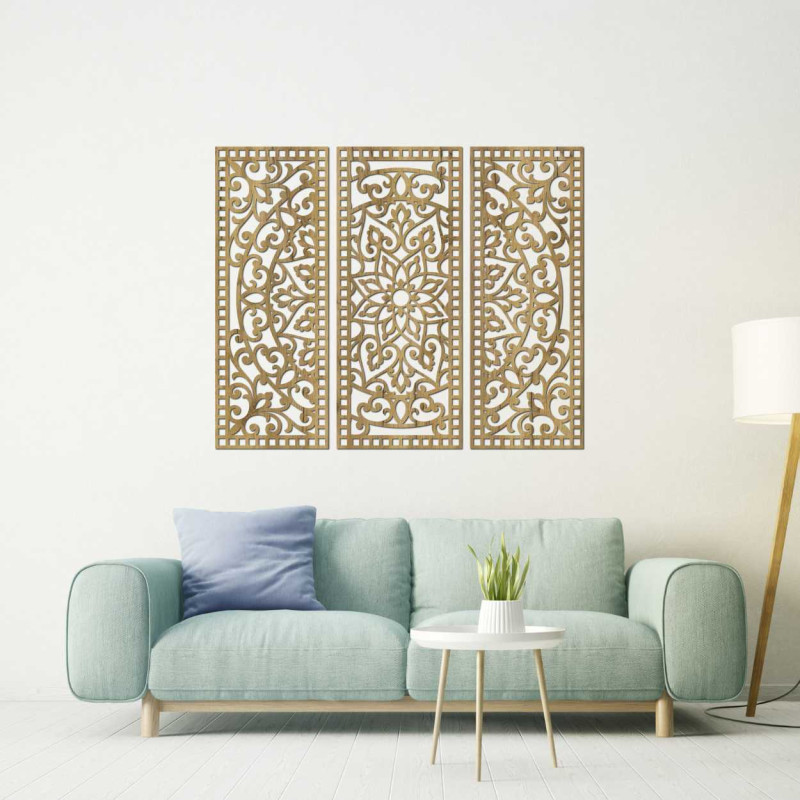 Kvetinová mandala z dreva – boho 3‑dielna nástenná dekorácia