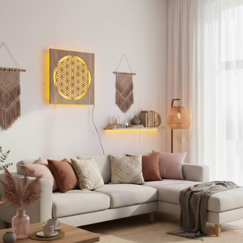 Podsvietený drevený obraz Kvet života – LED...