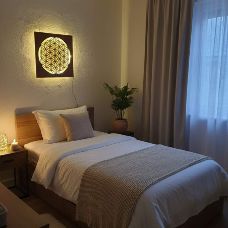 Podsvietený drevený obraz Kvet života – LED mandala dekorácia na stenu | MONEN