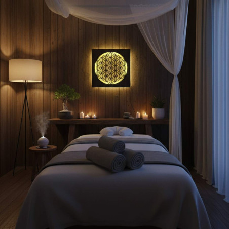 Podsvietená drevená mandala – dekorácia do interiéru, relaxačné svetlo a ručne vyrezávaný ornament.