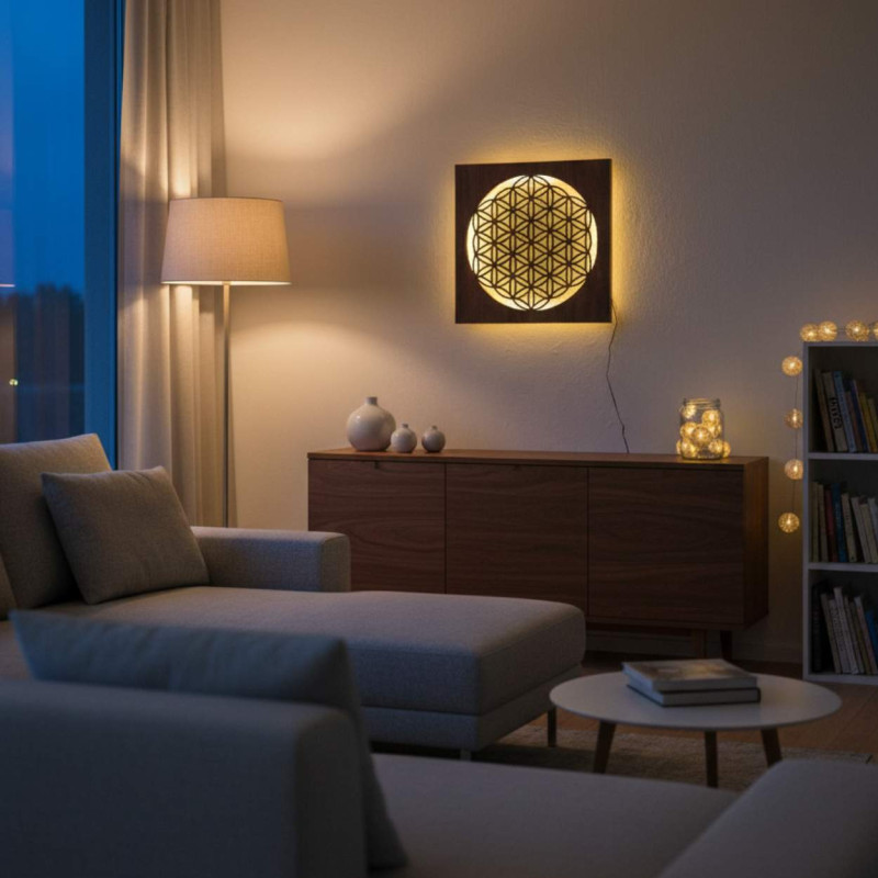 Podsvietená drevená mandala – dekorácia do interiéru, relaxačné svetlo a ručne vyrezávaný ornament.