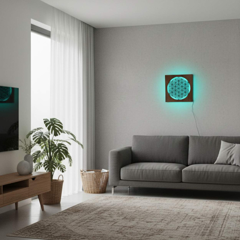 Drevená mandala s LED podsvietením – ideálna ako stolná dekorácia alebo darček pre milovníkov harmónie.