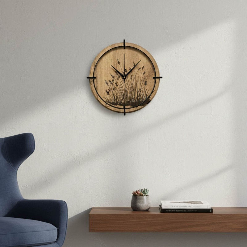 Nástenné hodiny z prírodného dreva s rastlinnou kresbou