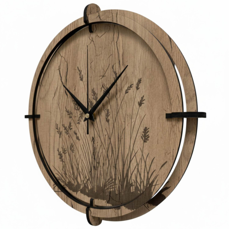 Drevené hodiny s motívom trávy | Dub halifax