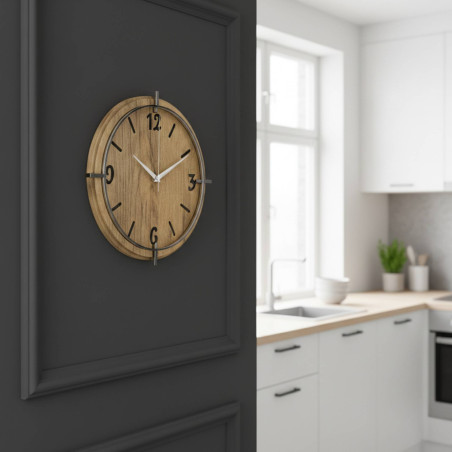 Štýlové drevené hodiny do obývačky s moderným kontrastným dizajnom.