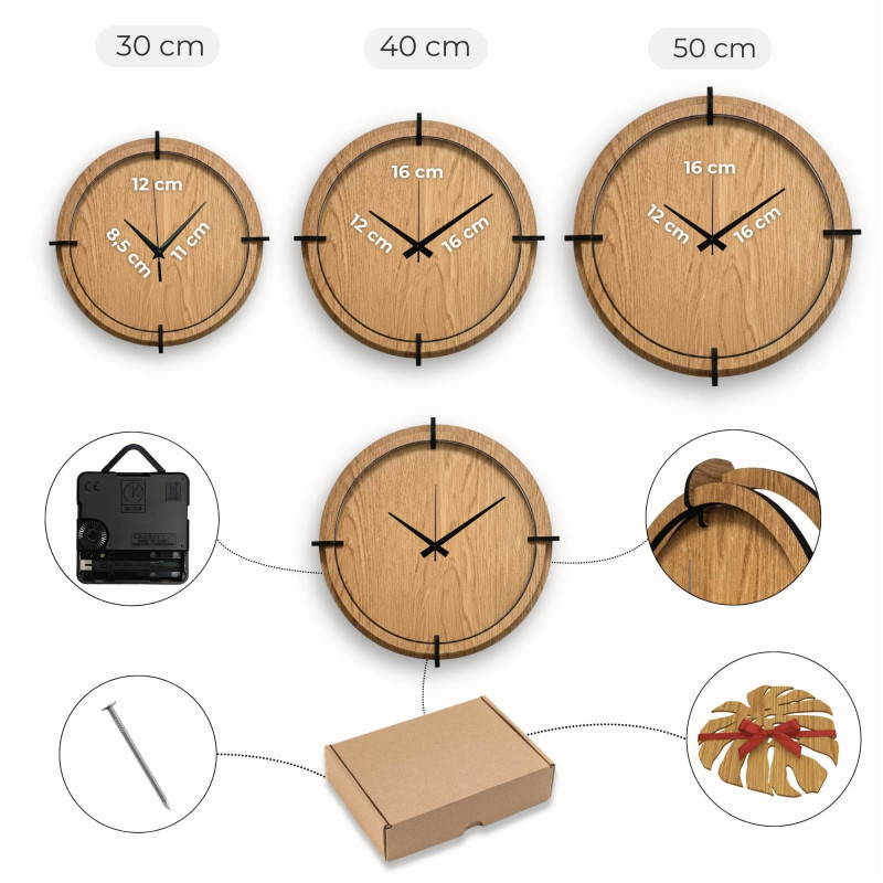 Drevené 3D hodiny Dub – výrazné čierne číslice a tichý quartz mechanizmus
