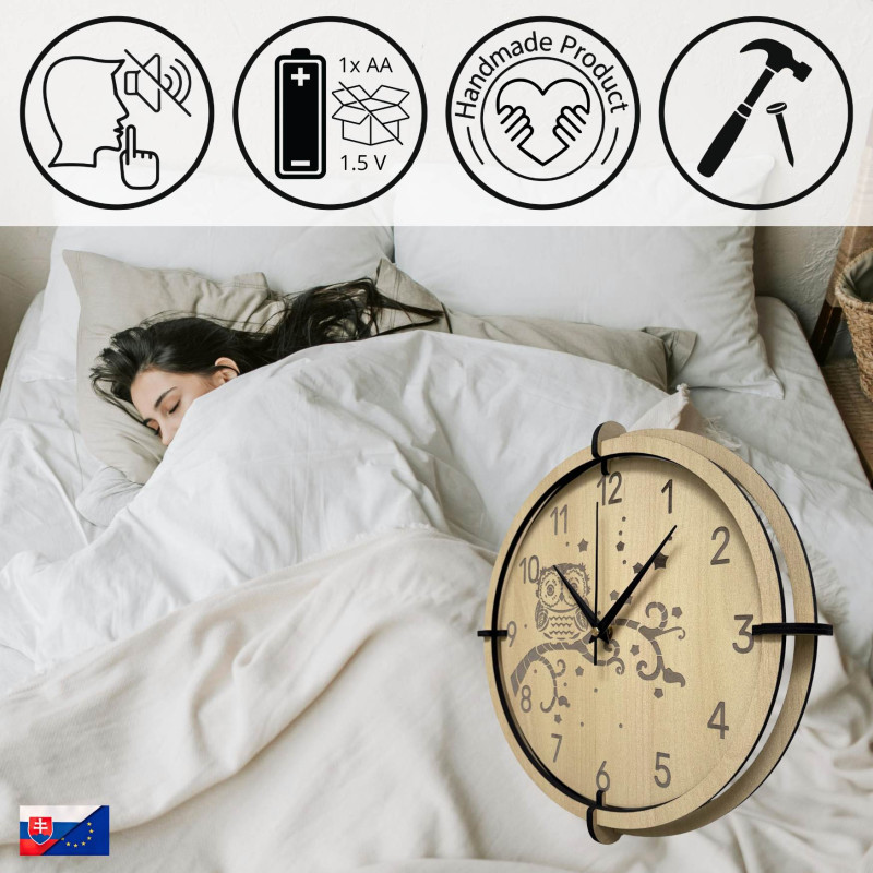 Detské nástenné hodiny sova z javorového dreva prinášajú pokoj a hravosť.