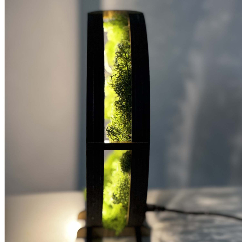 Detailný pohľad na podsvietený drevený Strom života obklopený machom.