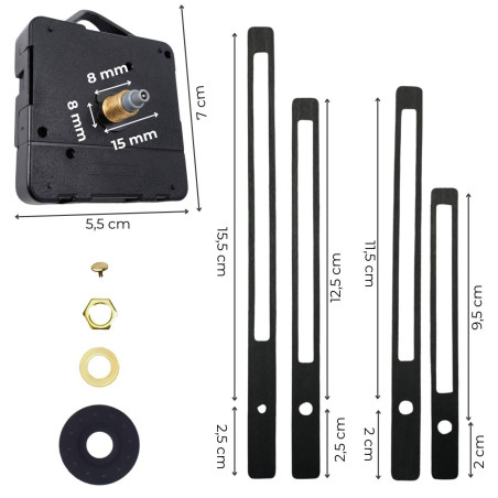 Väčšie a menšie čierne ručičky na hodiny pre DIY hodiny a dekorácie.
