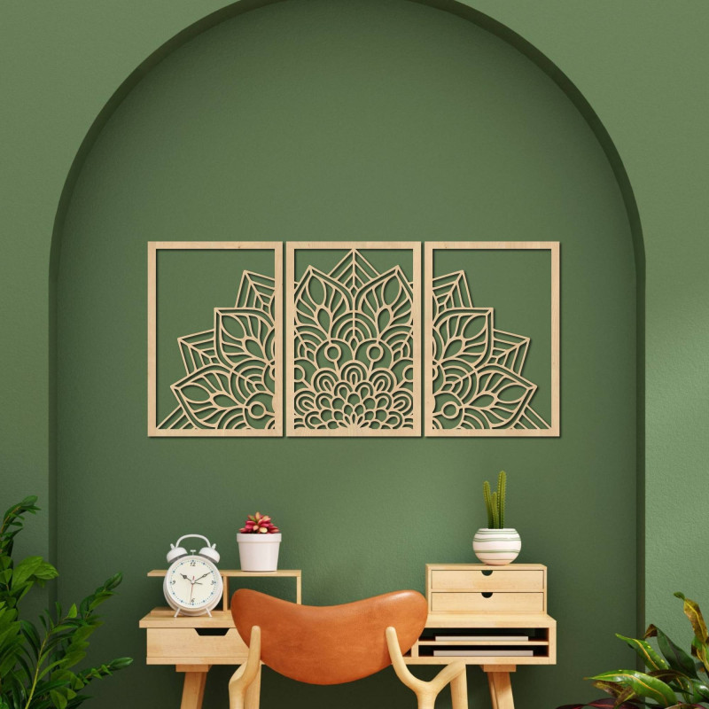 Moderná čierna mandala a drevené hodiny: Štýlová harmónia pre váš domov.