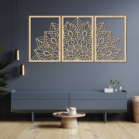 Moderná čierna mandala a drevené hodiny: Štýlová harmónia pre váš domov.