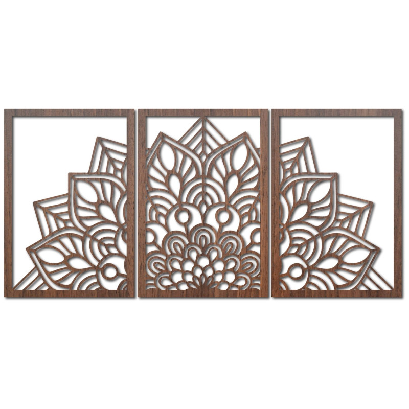 Moderná čierna mandala a drevené hodiny: Štýlová harmónia pre váš domov.