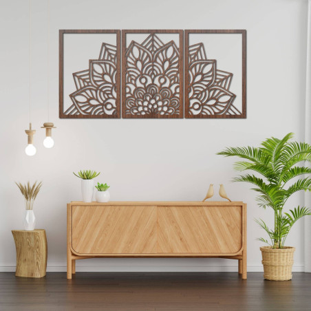 Moderná čierna mandala a drevené hodiny: Štýlová harmónia pre váš domov.