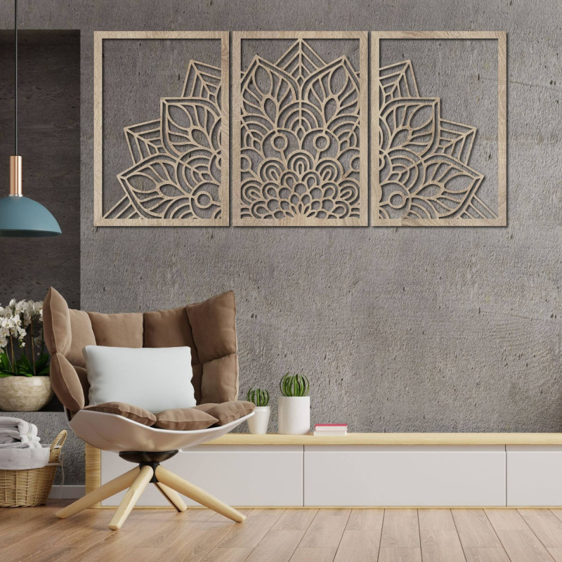 Oživte steny trojdielnou mandalou a hodinami z HDF. Elegancia v každom detaile.
