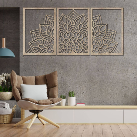 Oživte steny trojdielnou mandalou a hodinami z HDF. Elegancia v každom detaile.