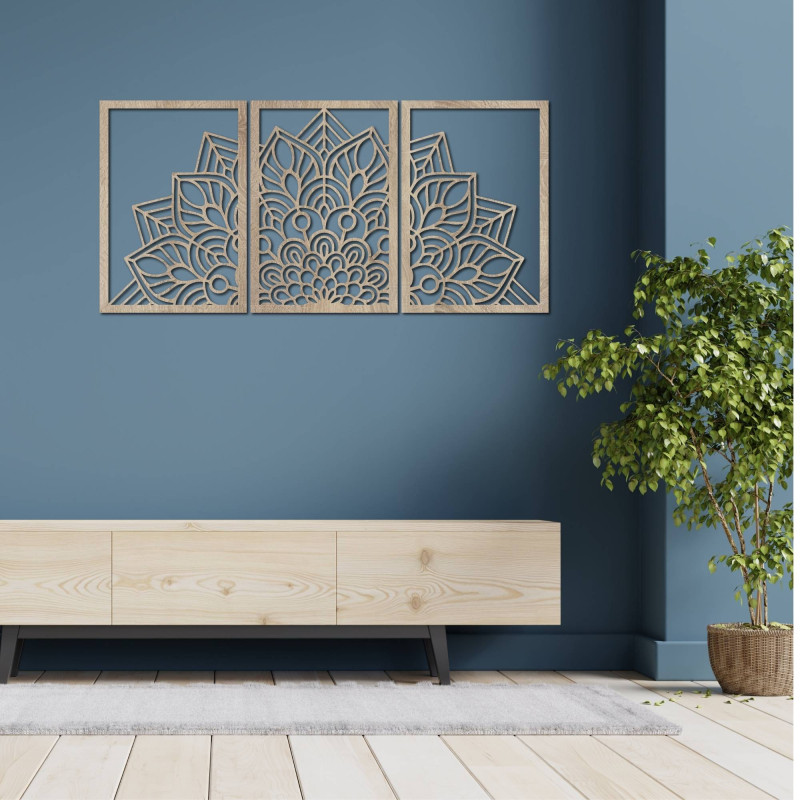 Oživte steny trojdielnou mandalou a hodinami z HDF. Elegancia v každom detaile.