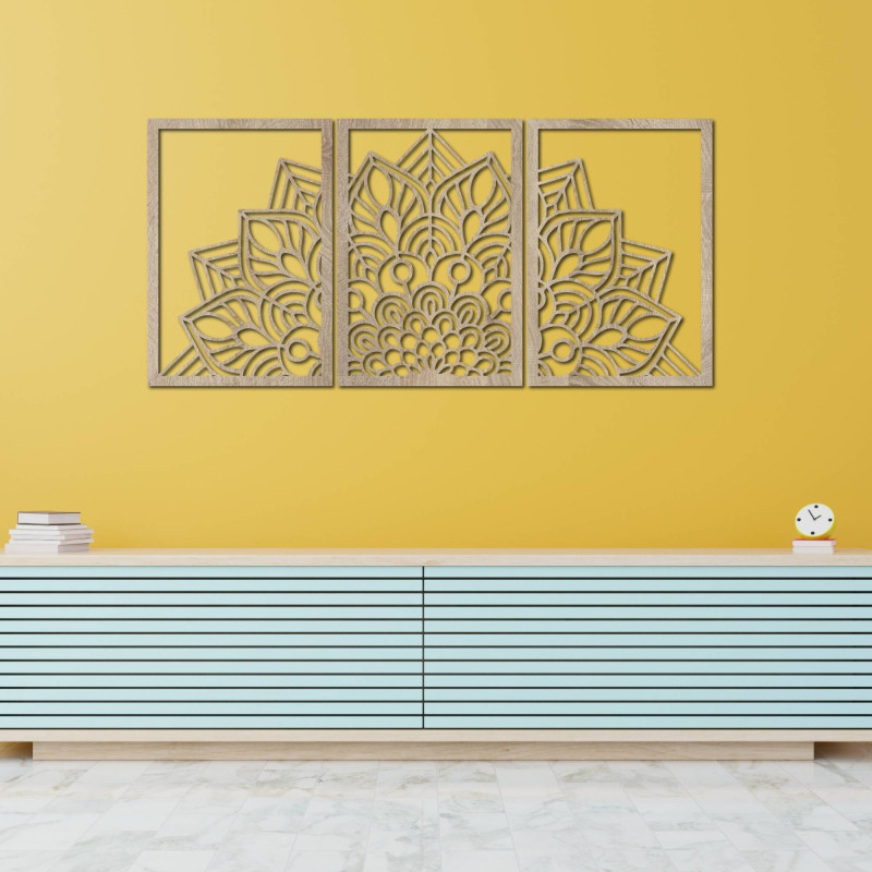 Oživte steny trojdielnou mandalou a hodinami z HDF. Elegancia v každom detaile.