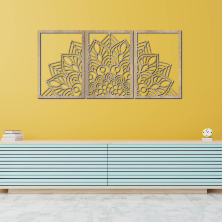 Oživte steny trojdielnou mandalou a hodinami z HDF. Elegancia v každom detaile.