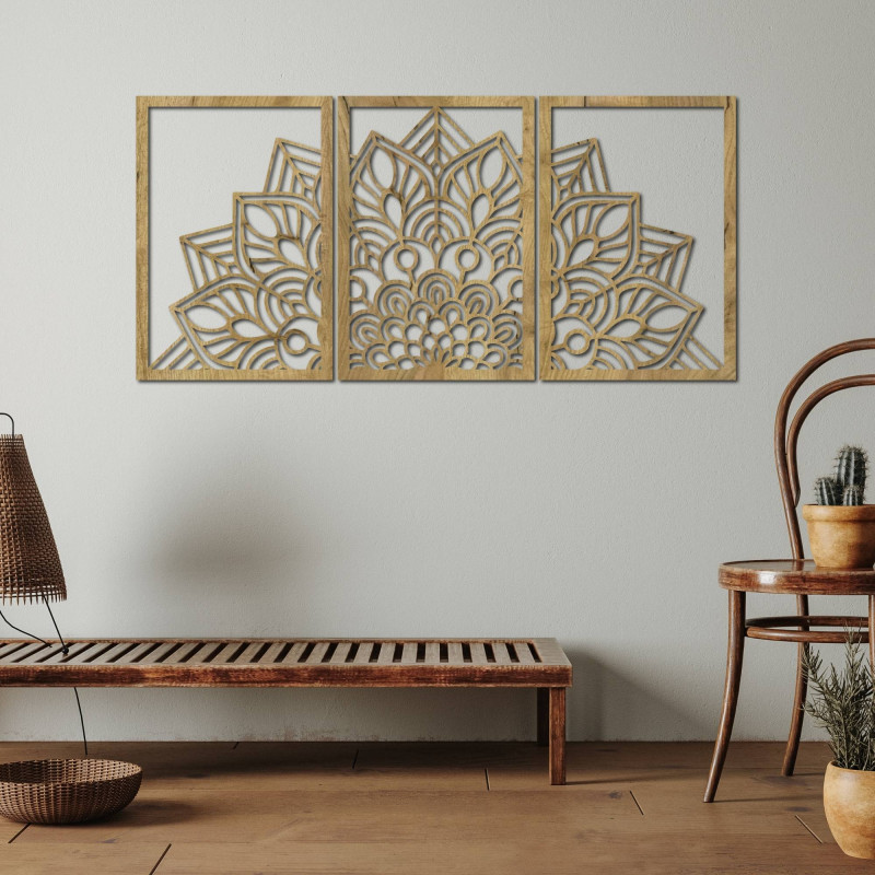 Harmonická čierna mandala a drevené hodiny. Dokonalý doplnok do každej izby.