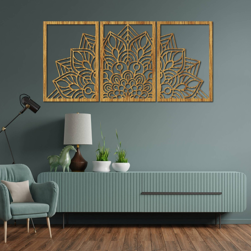 Harmonická čierna mandala a drevené hodiny. Dokonalý doplnok do každej izby.