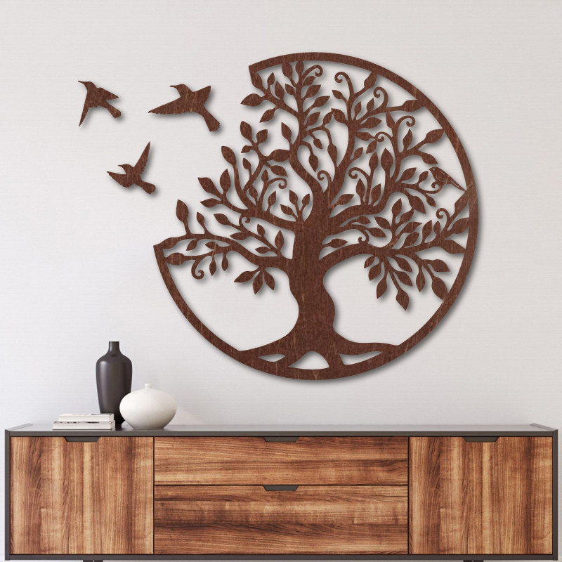 Drevená dekorácia na stenu – Strom života s tromi lietajúcimi vtákmi
