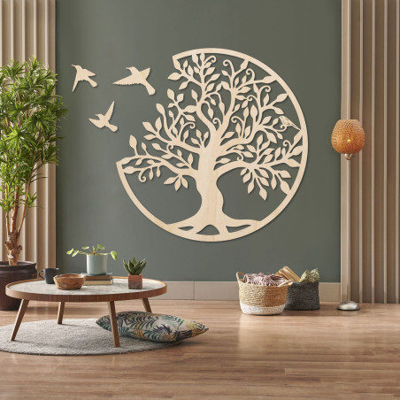 Drevená dekorácia na stenu – Strom života s tromi lietajúcimi vtákmi