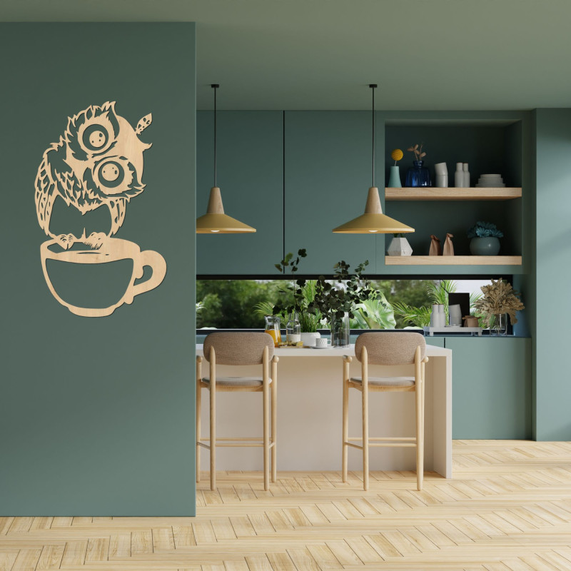 Drevený roztomilý obraz na stenu sova v šálke | Sova